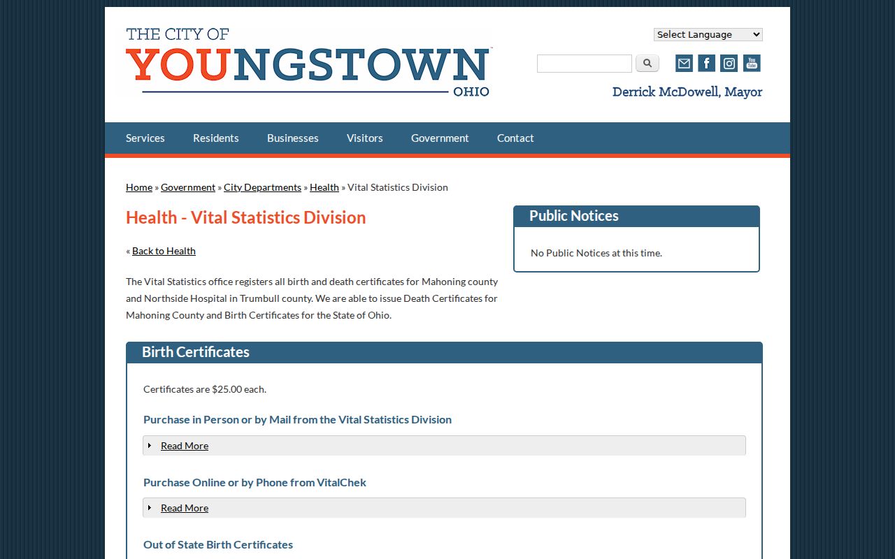 Mahoning County residents directory Youngstown Vital Statistics page