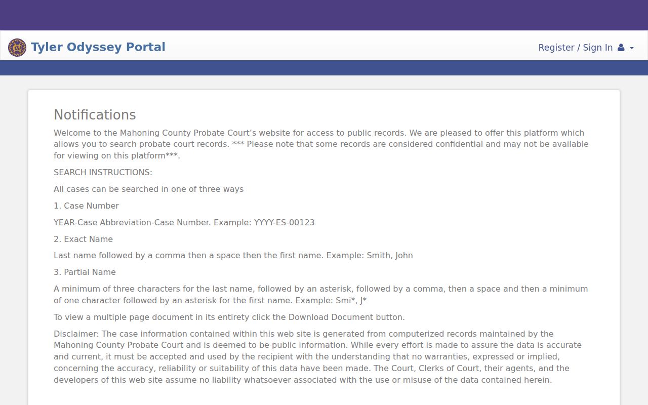 Mahoning County residents directory Probate Smart Search portal