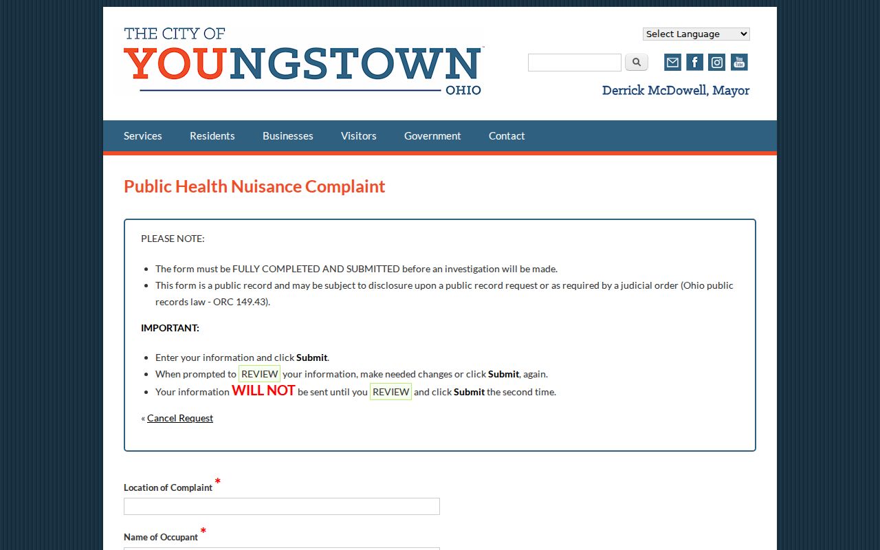 Mahoning County neighbors Youngstown nuisance complaint form