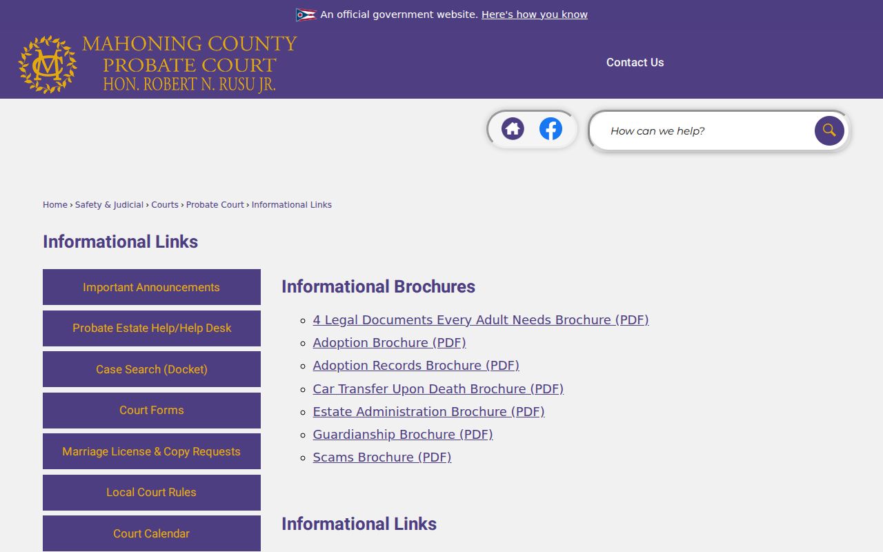 Mahoning County previous residents probate history links