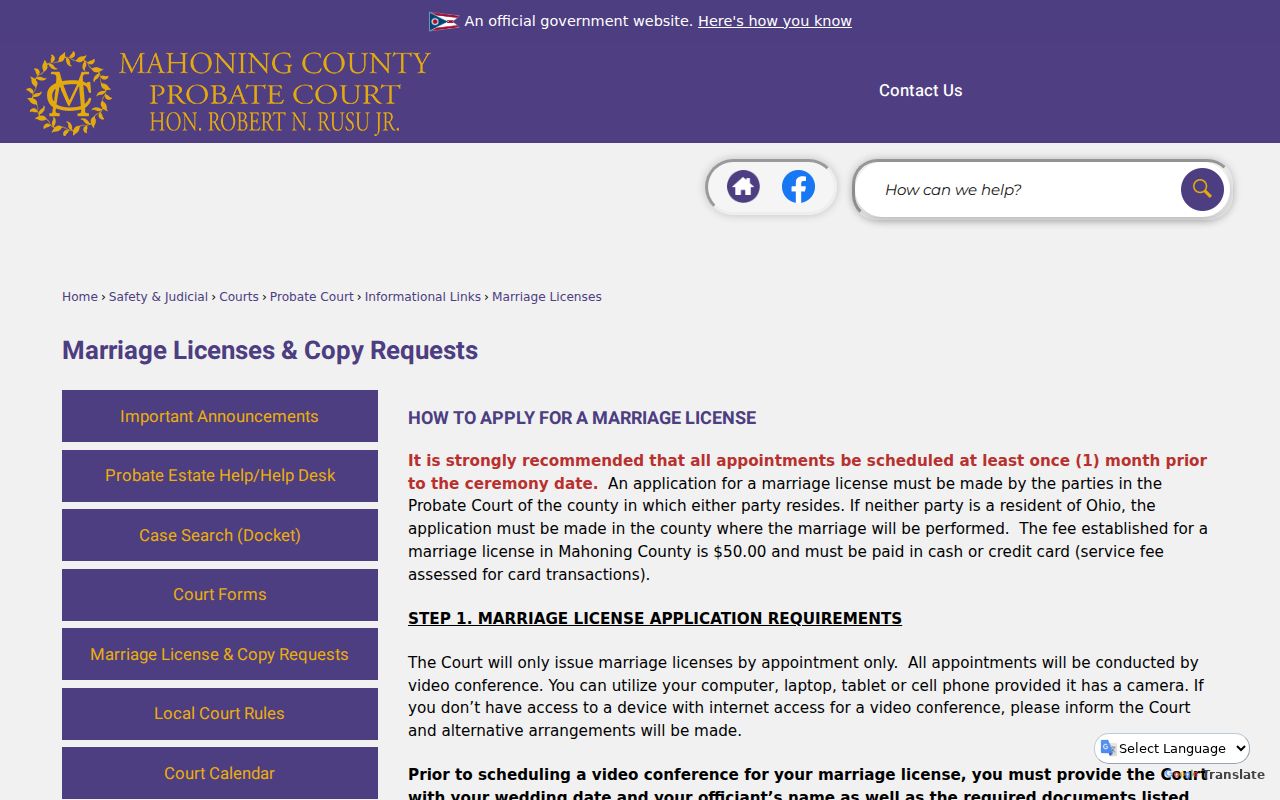 Mahoning County resident lookup marriage license and copy information