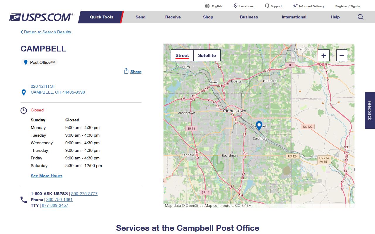 Mahoning County ZIP code directory Campbell 44405 USPS facility